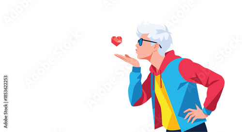Stylish young man with white hair blowing a heart shaped kiss to express love and affection in a modern flat vector style.