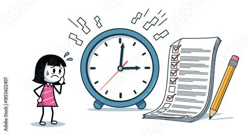 Stressed stick figure girl looking at a large ticking alarm clock next to a long checklist and pencil for time management.