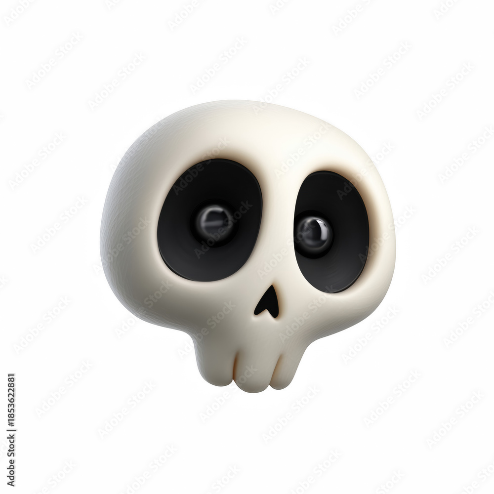 Fototapeta premium 3D cute cartoon skull with big black eyes, Halloween spooky icon, isolated on transparent background.