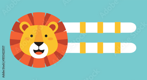 Stylized lion head illustration with a bright orange mane set against a blue background with several white and yellow horizontal bars.