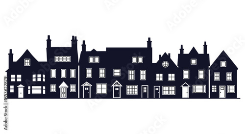 A striking black silhouette depicting a row of historic european townhouses with intricate details silhouette