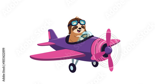 Cute sloth character wearing pilot goggles and flying a purple and pink propeller airplane through the sky with a big happy smile.