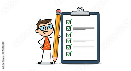 Happy stick figure man holding a giant pencil next to a large checklist with all of the tasks completed with green check marks.