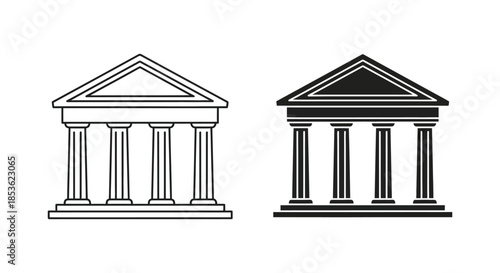 Classical architectural structures with triangular pediments and columns depicted in a distinct silhouette