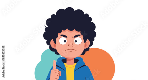 Angry young boy with curly hair pointing his finger upwards and making a serious face to express deep frustration or an argument.