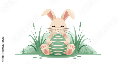 Cute Easter bunny sitting in the green grass and holding a large green striped egg for a festive spring holiday celebration.