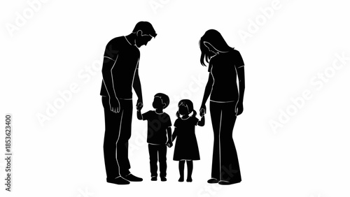 Silhouette of a family with two children holding hands.