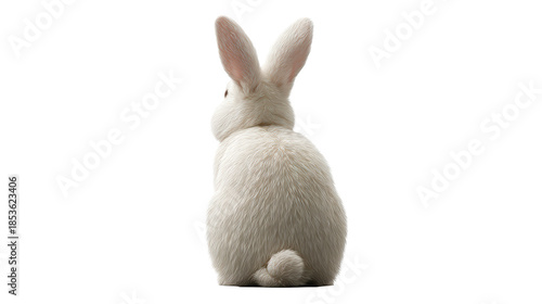 Fluffy white bunny seen from behind with long ears and a small tail, perfect for Easter and spring themed celebrations and products.
