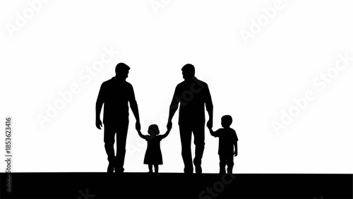 Silhouette of a gay couple walking with their two children.