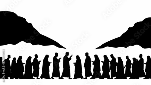 Silhouette of a group of people walking in a line.