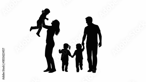 Silhouette of a happy family with two children and a baby.