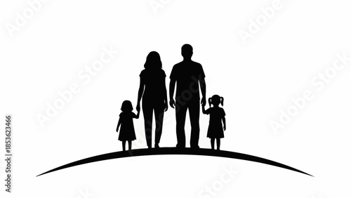 Silhouette of a happy family with two children standing together.