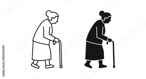 An elderly woman walking with a cane depicted in both outline and filled silhouette