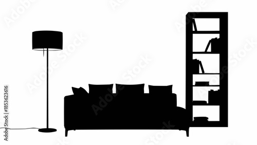 Silhouette of a modern living room with sofa and bookshelf.
