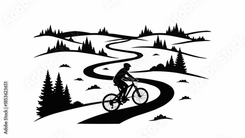 Silhouette of a person riding a bicycle on a winding road through a forest landscape.
