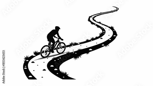 Silhouette of a person riding a bicycle on a winding path.