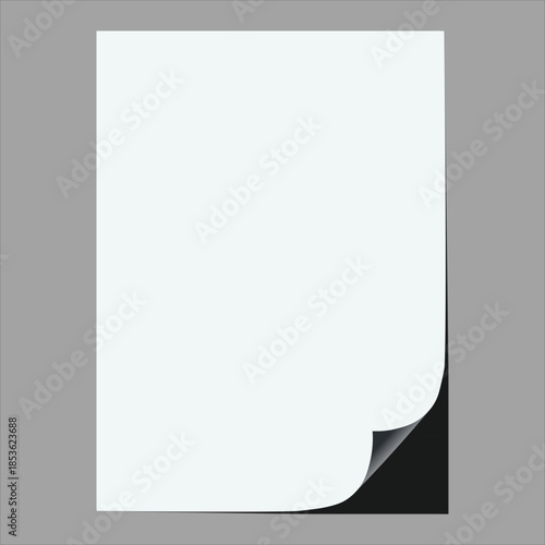 A clean white blank paper sheet with a curled corner and soft shadow creates an empty document template design for business office notes or letter messages on a vector notebook pageA clean white blank