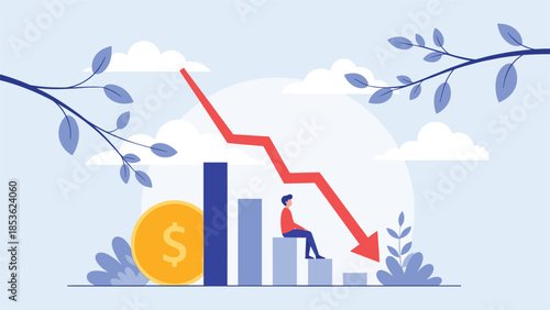 Concept of economic recession or financial loss, showing a frustrated man on a descending bar graph with a downward pointing arrow.