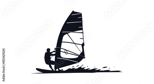 A striking depiction of a windsurfer gracefully riding the waves captured in a bold silhouette