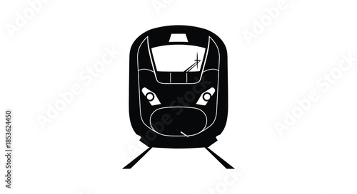 A striking black and white depiction of a modern high speed train front view silhouette