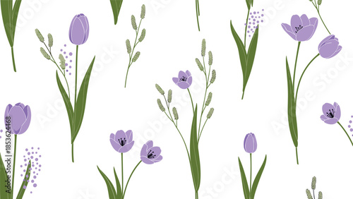 Elegant seamless pattern featuring painterly purple tulips and wild grasses on a white background, perfect for spring-themed textiles.