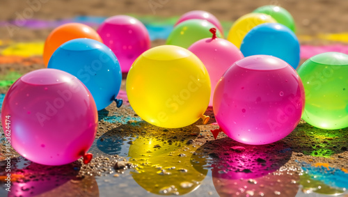 Colorful water balloons on wet ground. Close up of bright yellow, pink and blue balloons for Holi festival or summer water fight