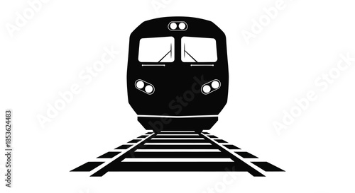 A striking black and white depiction of a front facing train on railway tracks silhouette