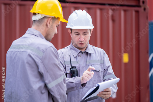 Safety meeting between workers discussing protocol in industrial site outdoor setting close-up view professional environment