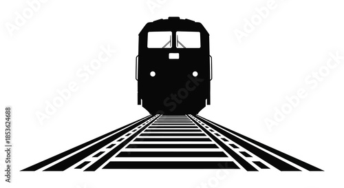 a striking black and white illustration of a locomotive traveling down a converging railway track silhouette