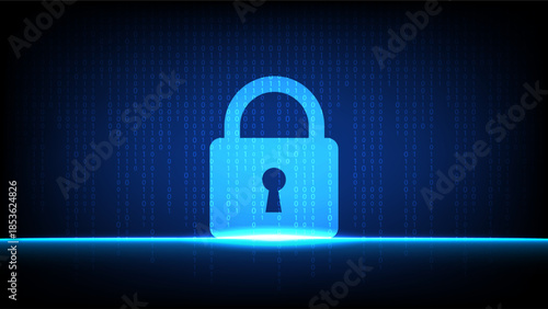 Glowing padlock icon on dark blue binary code background symbolizing data protection, cybersecurity and online privacy