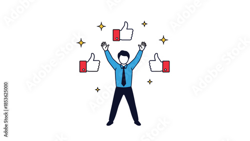 Vector illustration of a successful businessman celebrating with floating thumbs-up icons, symbolizing customer satisfaction and approval.