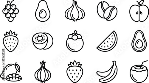 Hand drawn fruit and vegetable line icons set, healthy food outline symbols, organic produce illustration collection, black and white vector