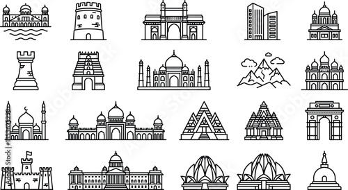 Indian architecture icons, cultural landmarks, historical monuments, black line art, vector heritage symbols, famous buildings, minimal design, editable illustrations