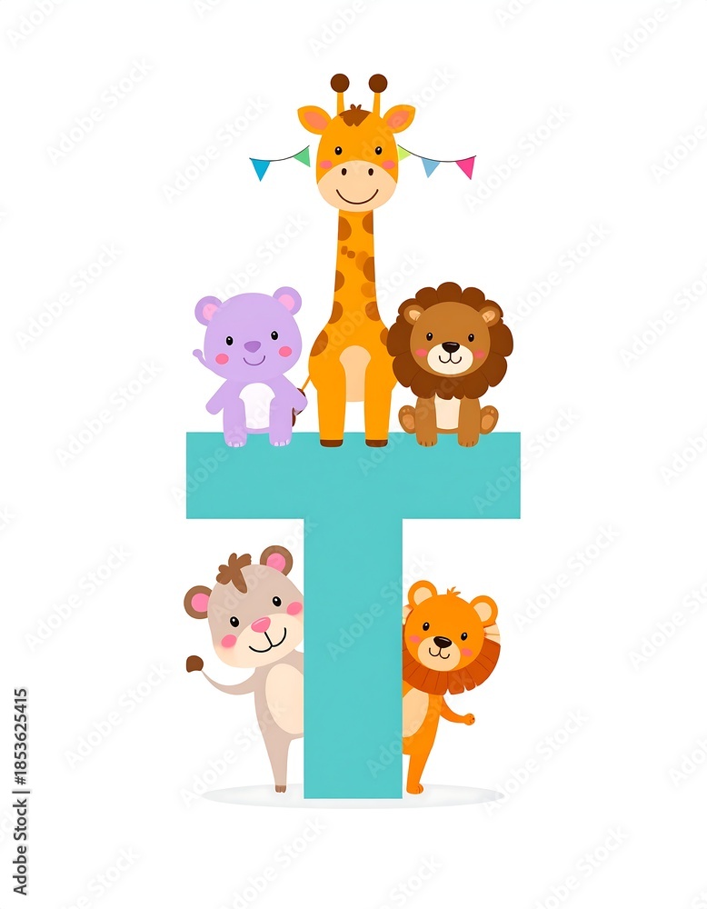 Obraz premium Cartoon animals of various species perched on a turquoise letter 
