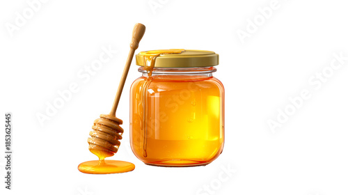 Golden honey drips from a wooden dipper into a glass jar, perfect for food and beverage advertising or sweetening recipes.