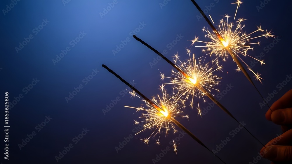 Obraz premium Hands holding burning sparklers against a deep blue sky. Celebration night and festive energy. Bright sparks flying from three sparklers during a New Year or holiday event.