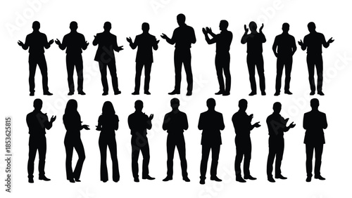 Diverse group of people in various poses a striking black silhouette