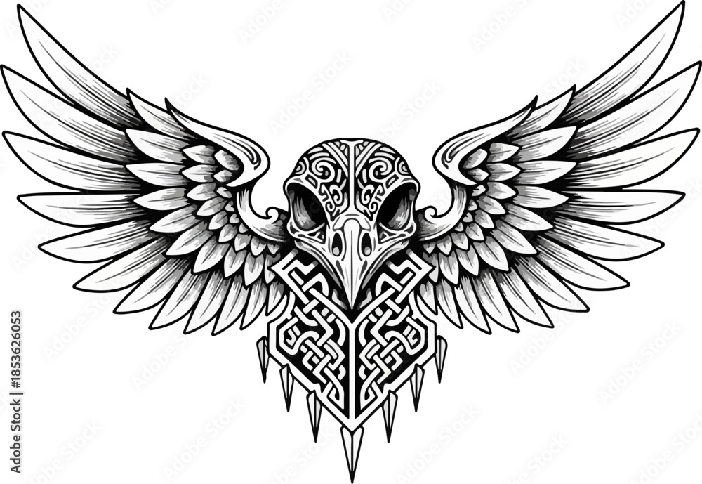 Obraz premium Stylized Bird Skull Tattoo Design with Intricate Knotwork