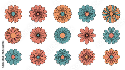 Set of fifteen retro-style flower head icons in groovy 70s colors of orange and teal, isolated on a clean white background.