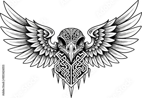 Stylized Bird Skull Tattoo Design with Intricate Knotwork