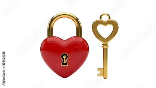Heart lock with key isolated on transparent background