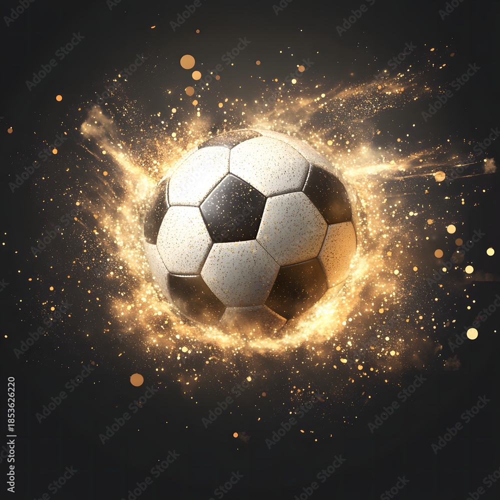 Fototapeta premium A soccer ball surrounded by golden glittering particles on a dark backdrop.