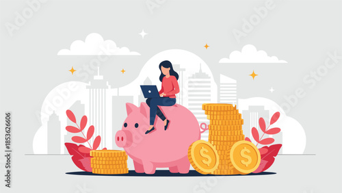 Woman working on a laptop while sitting on a large pink piggy bank surrounded by stacks of gold coins in a city background.
