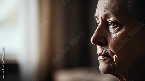 Close up profile of elderly woman with gray hair in soft natural lighting showcasing skin texture and wrinkles deep in thought with a blurred background