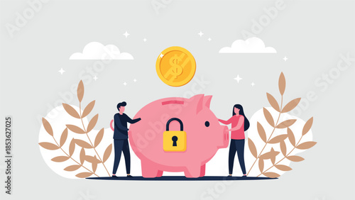 Man and woman putting a gold coin into a large pink piggy bank with a lock, symbolizing secure savings and financial protection.