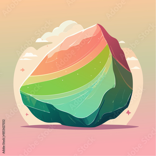 Stylized illustration of a colorful rock formation with pastel colors and a cartoonish style.