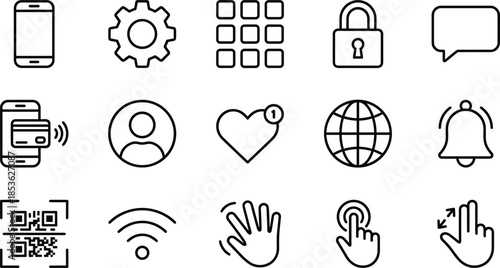 Linear Vector Icon Set of Mobile App Interface Elements with Settings Padlock QR Code WiFi Signal and Contactless Payment Symbols