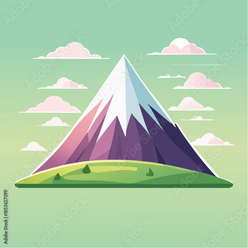 A stylized illustration of a mountain with snow-capped peak, set against a pastel sky with fluffy clouds.