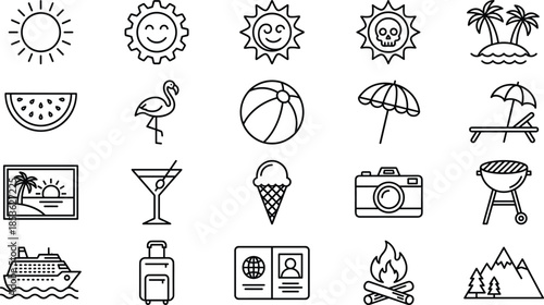 Minimal summer vacation and travel outline icon set for holiday beach tourism lifestyle user interface web app vector