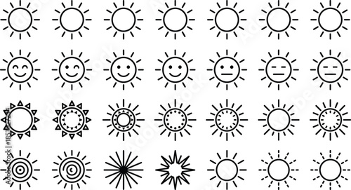 Minimal sun weather and brightness outline icon set for forecast climate energy user interface web app vector design